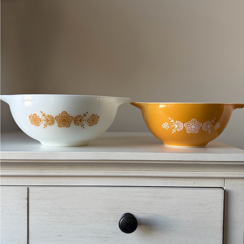 Vintage PYREX Cinderella Nesting Bowls Butterfly Gold Set of 2, #444 & #443